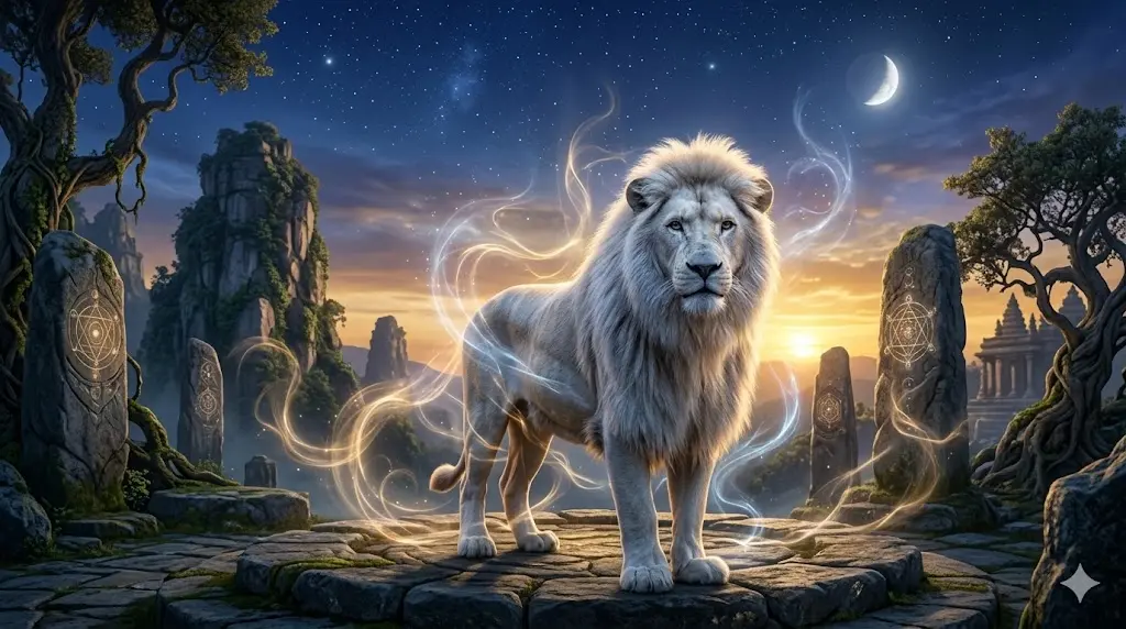 White lion standing in a sacred natural setting representing spiritual power and divine protection