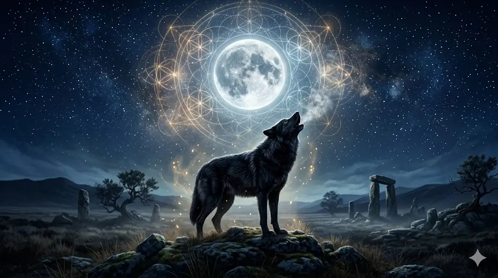 Native American spiritual art featuring a black wolf under a full moon with sacred symbols, representing ancestral wisdom