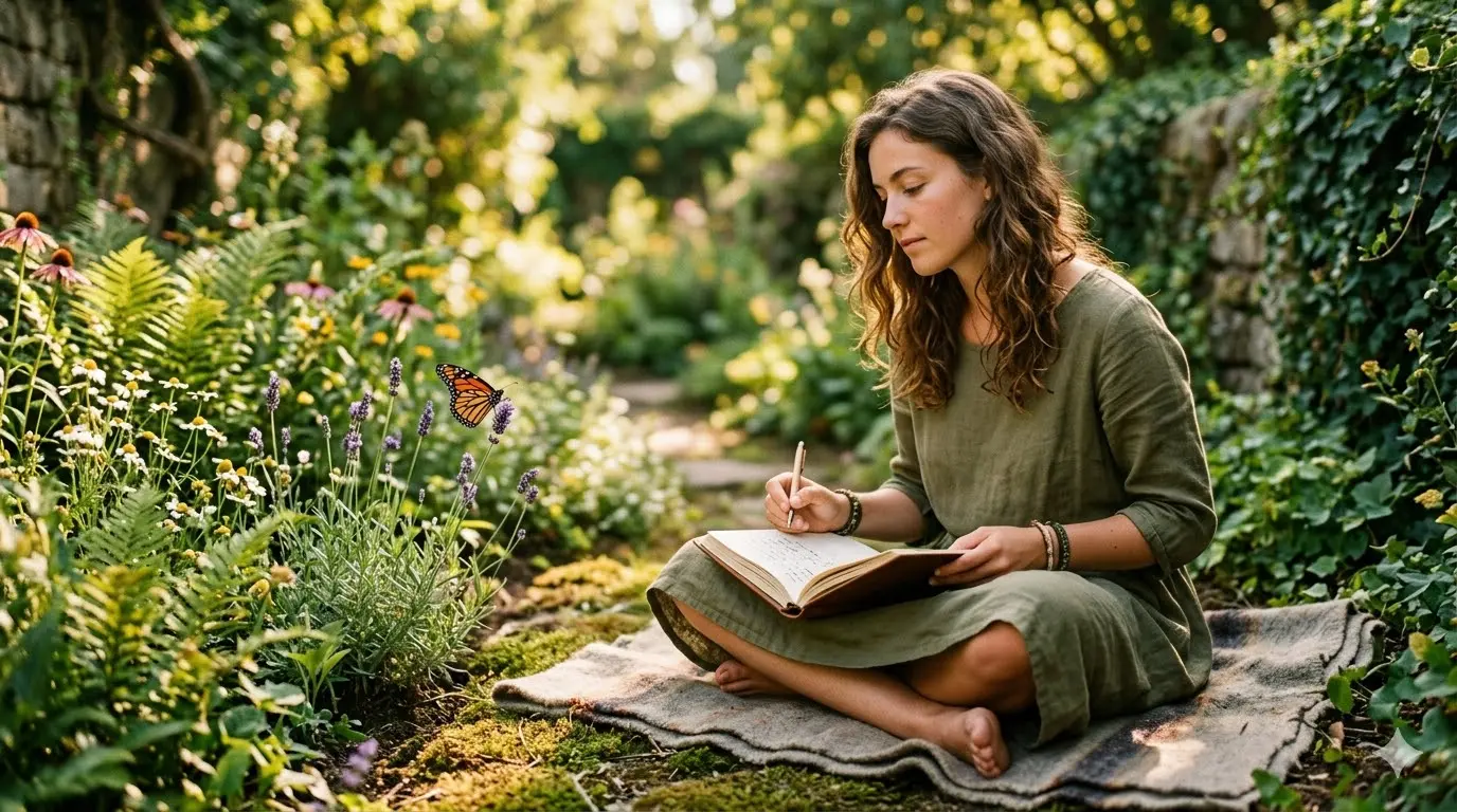 woman sitting outdoors writing in a journal with a butterfly nearby symbolizing reflection and spiritual awareness