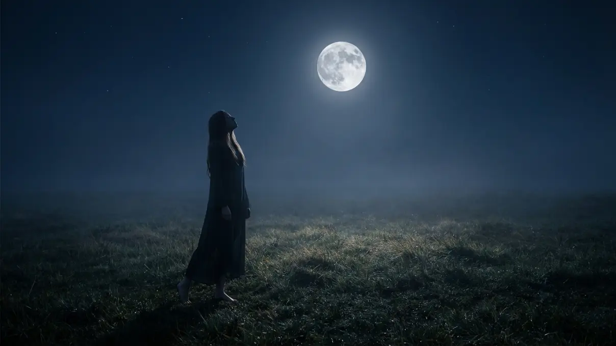 person standing barefoot on grass outdoors at night looking up at a bright full moon, silver moonlight illuminating the scene, representing working with full moon energy during sleeplessness