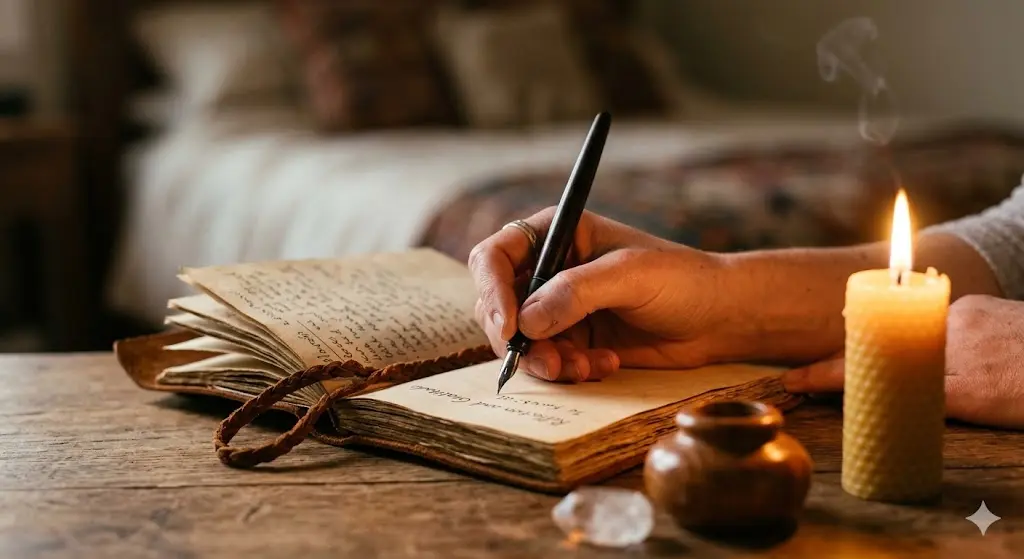 hand writing in a journal by candlelight at night, spiritual practice