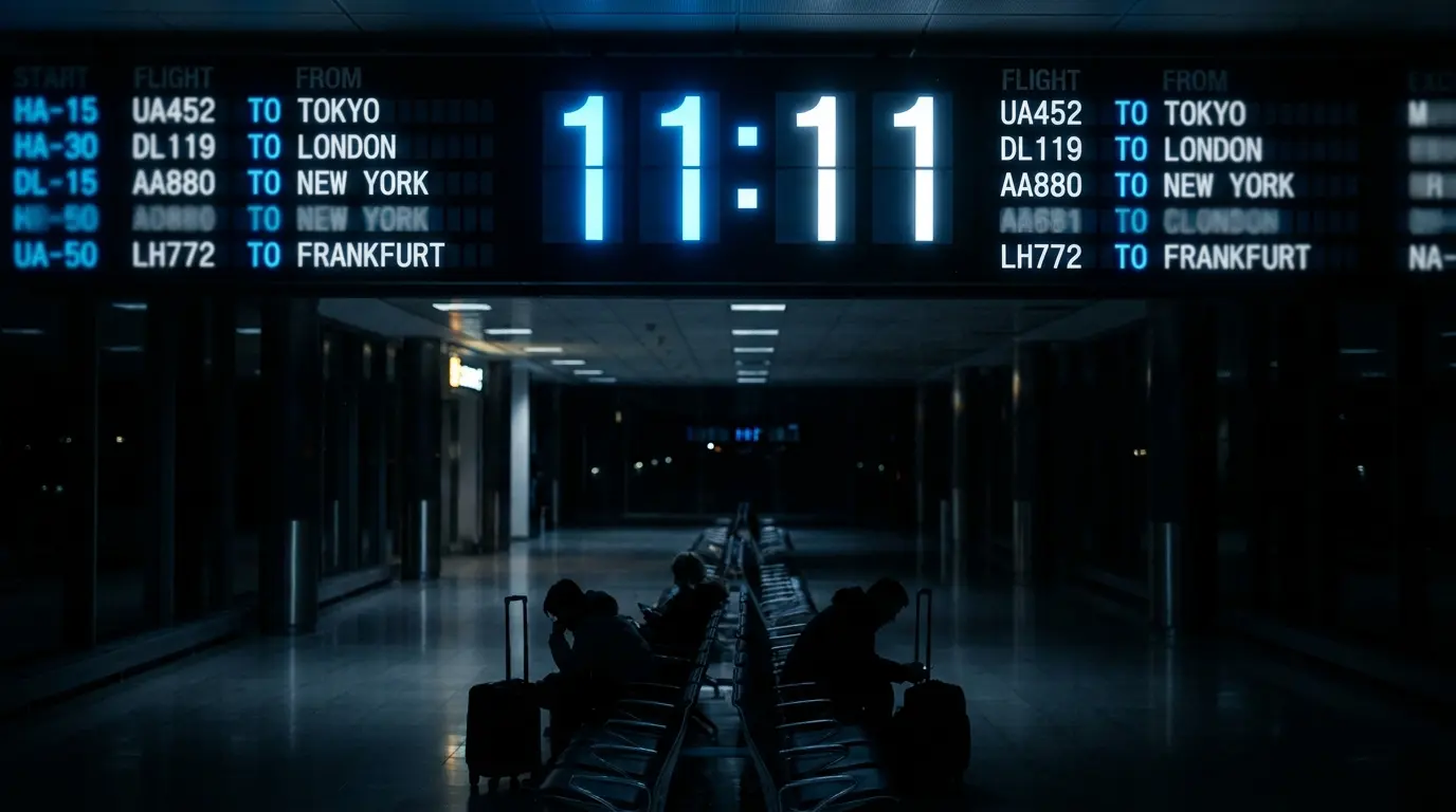 Airport departure board in a dimly lit terminal displaying 11:11 on the clock in cold neon blue with passengers sitting below