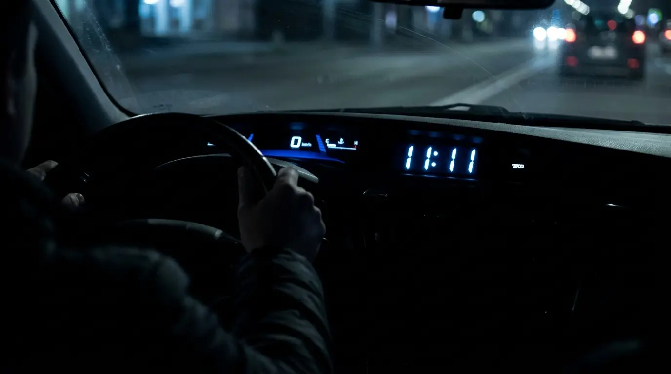 Car dashboard at night showing 11:11 on the clock glowing in cold neon blue with dark city lights through the windshield