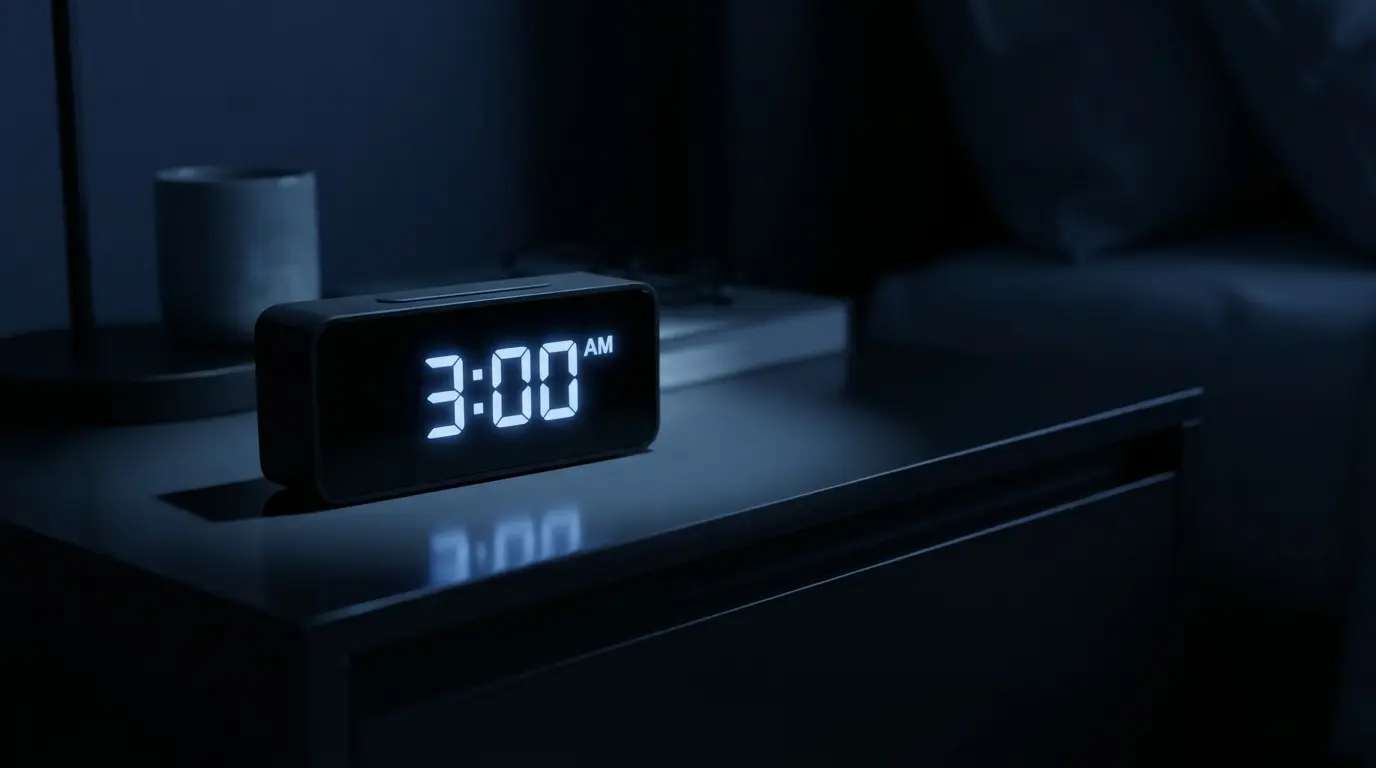 digital alarm clock showing 3:00 AM on a modern nightstand with cool blue light cutting through total darkness, evoking the spiritual weight of waking before dawn