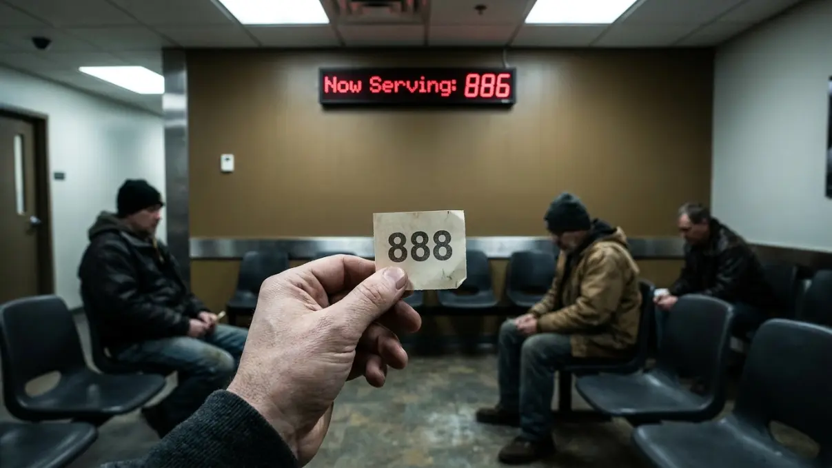 Person holding queue ticket number 888 in a waiting room while the LED display above shows number 886 being served, illustrating an unexpected encounter with angel number 888 financial anxiety.