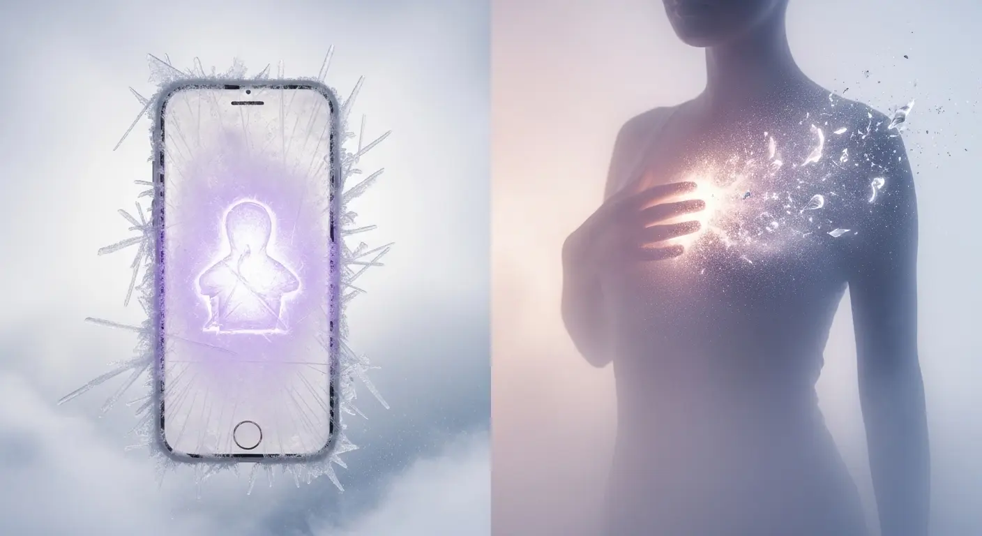 split image showing a smartphone encased in pale frost and ice on one side and a human silhouette with a warm dissolving lavender glow in the chest area on the other, representing the difference between refrigerating and healing an energetic connection