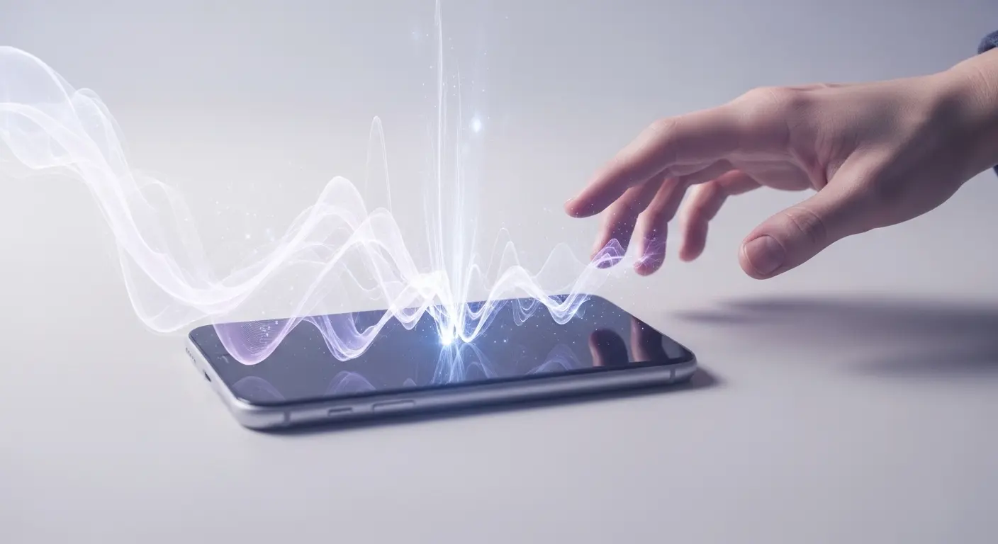 a smartphone with a dark blank screen lying on a pale surface while faint lavender and silver energy waves still pulse from behind it toward a human hand reaching for the phone, representing phantom emotional responses after digitally blocking someone