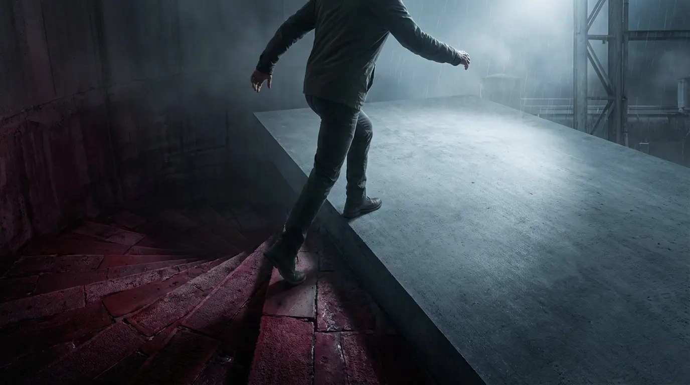 a human figure stepping off a dark burgundy spiral path onto a flat open steel gray surface with cold white light ahead, representing the moment of breaking free from a karmic loop