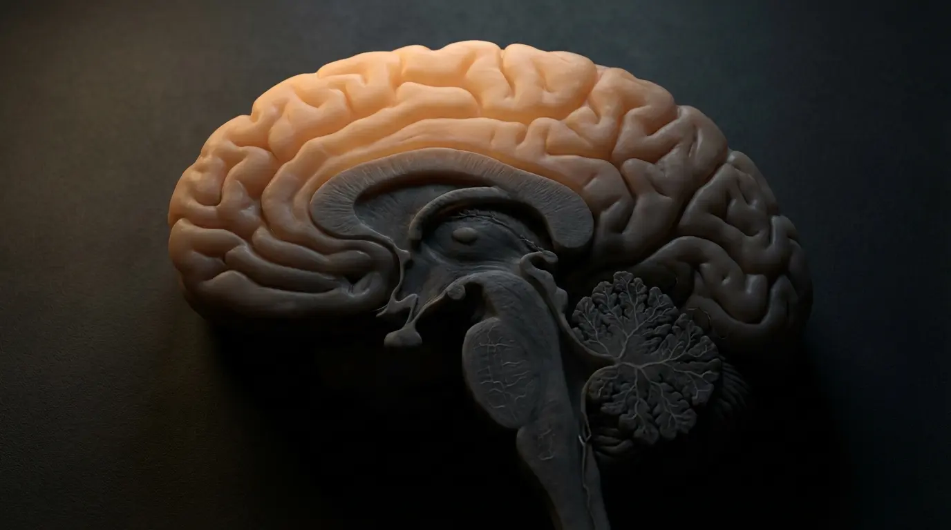 human brain cross-section with dimmed neural circuits and dorsal vagal shutdown during spiritual exhaustion