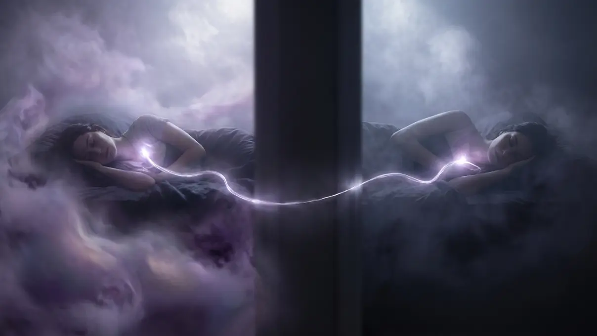 two sleeping figures in separate spaces connected by a luminous silver-lavender thread of light running between their chests, representing an energetic cord active during dreams about a specific person