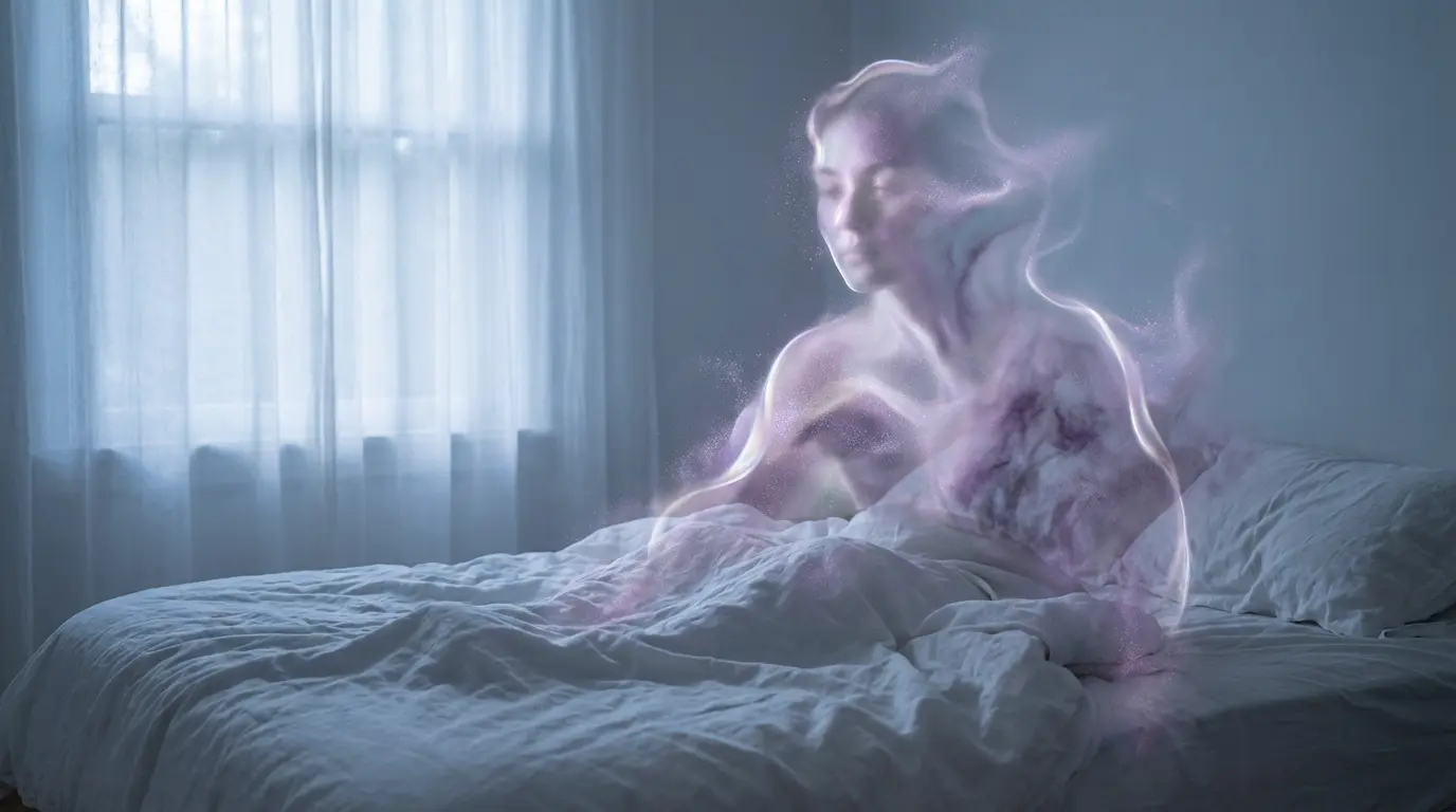 a translucent silhouette of a person's face hovering above rumpled bed sheets in soft lavender mist, representing unfinished emotional processing during dreams about a specific person
