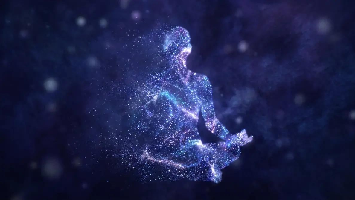 a figure made of light particles drifting apart, representing the self loosening during ego dissolution