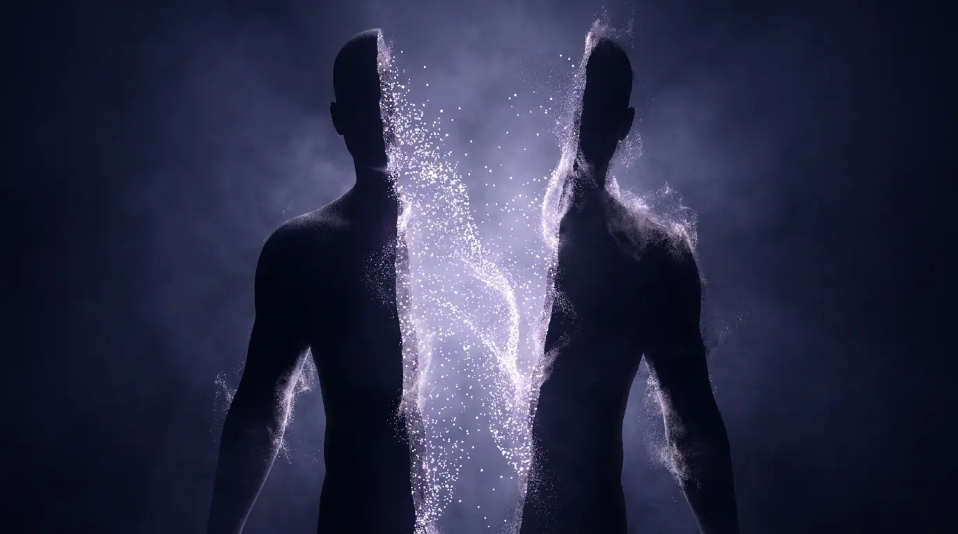 Human figure splitting into two halves with particles dispersing between them, illustrating the neurological dissolution of identity during ego death