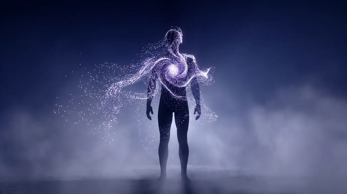 Human silhouette reassembling from scattered luminous particles, symbolizing identity reintegration after ego death spiritual awakening