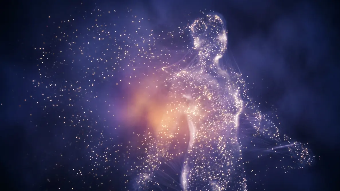  scattered particles of light gathering back into a human silhouette, symbolizing identity returning after ego death