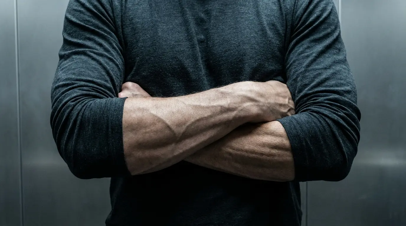 Close-up of a human chest with arms tightly crossed in a rigid defensive posture, representing somatic boundaries against forced manifestation