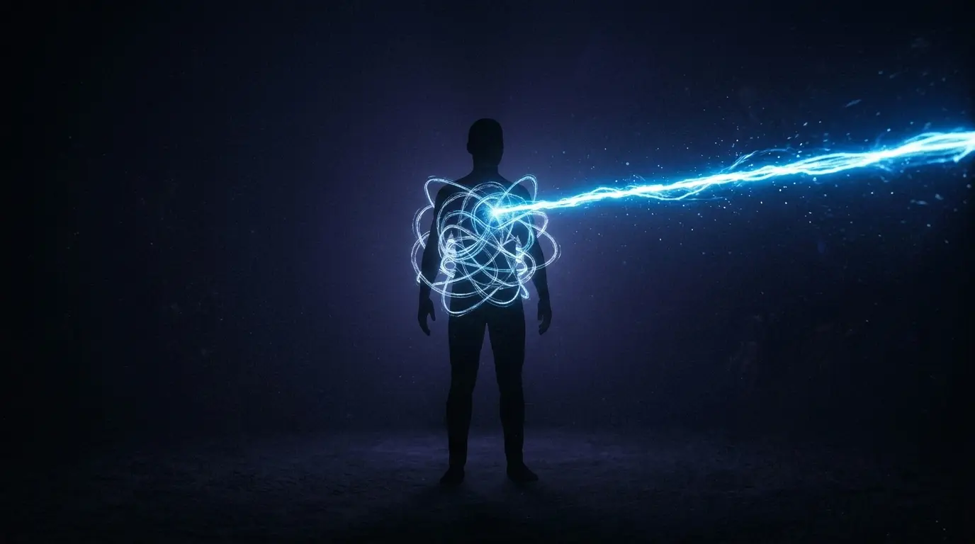 a human silhouette with two energy threads extending from the chest area, one electric-blue thread reaching outward into dark space and another thread looping back into the same figure, representing the difference between a real energetic pull and a self-generated one