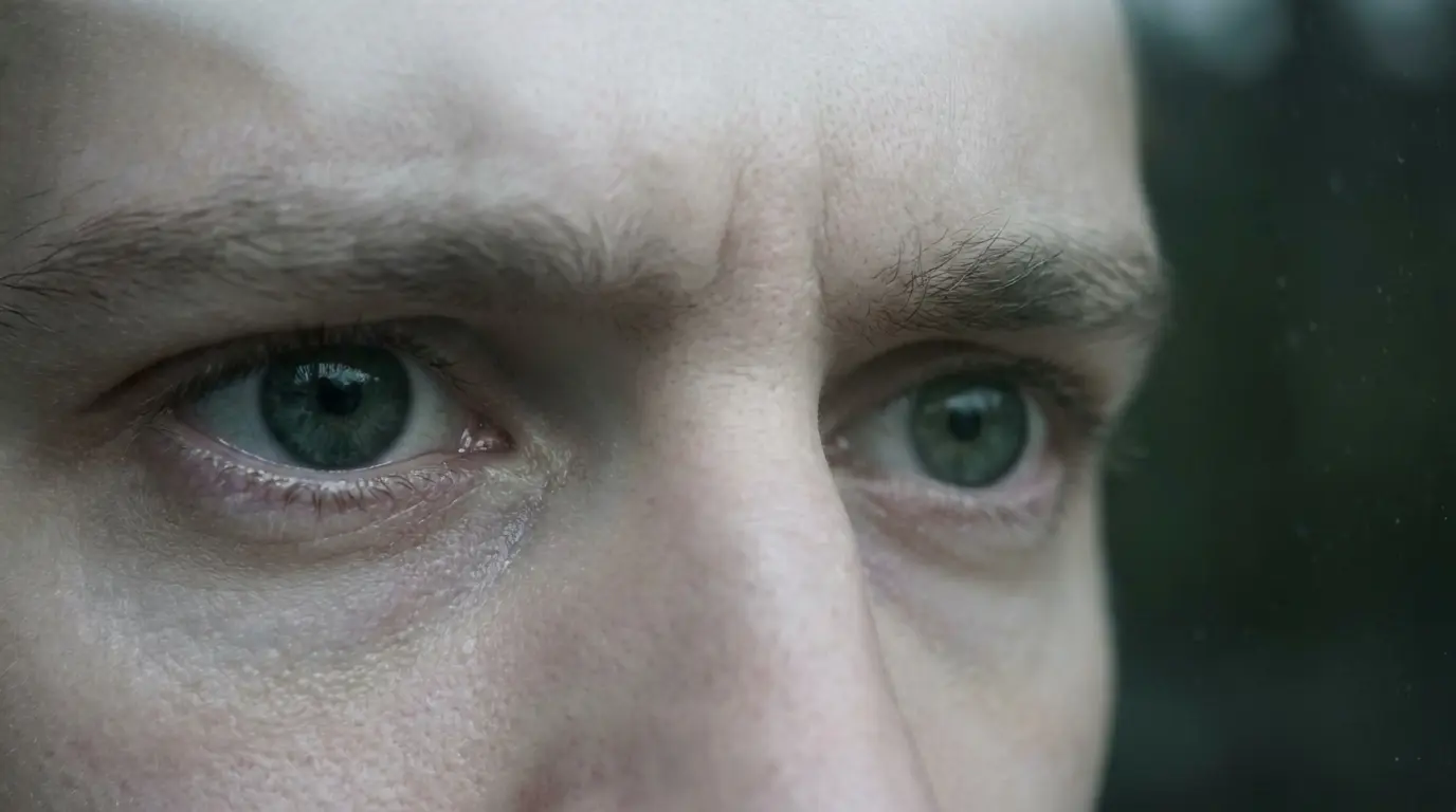 Close-up of human eyes with constricted pupils and tense brow, showing the frozen gaze of a dissociative response to feeling disconnected from reality