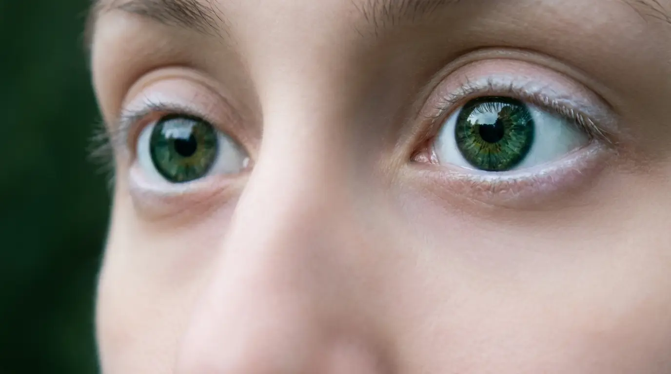 Close-up of human eyes with dilated pupils and calm expression, representing the perceptual shift during a spiritual experience of feeling disconnected from reality