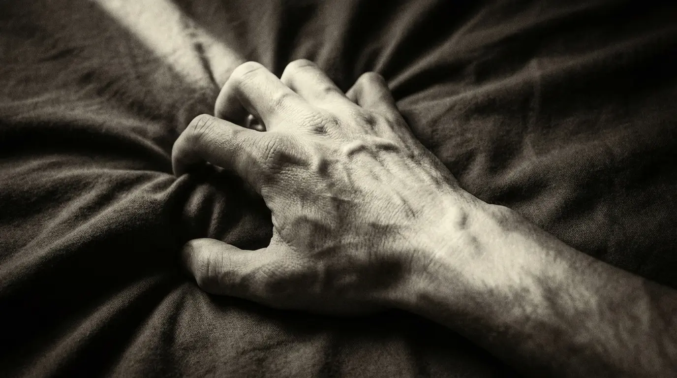 Macro view of a tense human hand gripping dark bed sheets in sepia light, illustrating the cortisol spike of a grief loop dream.