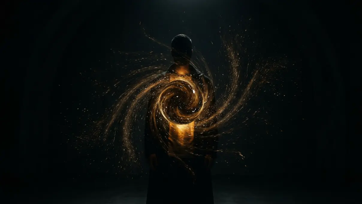 a dark amber sphere of light being absorbed into the center of a human silhouette's chest, representing the Law of Assumption's model of internal authority and consciousness as cause