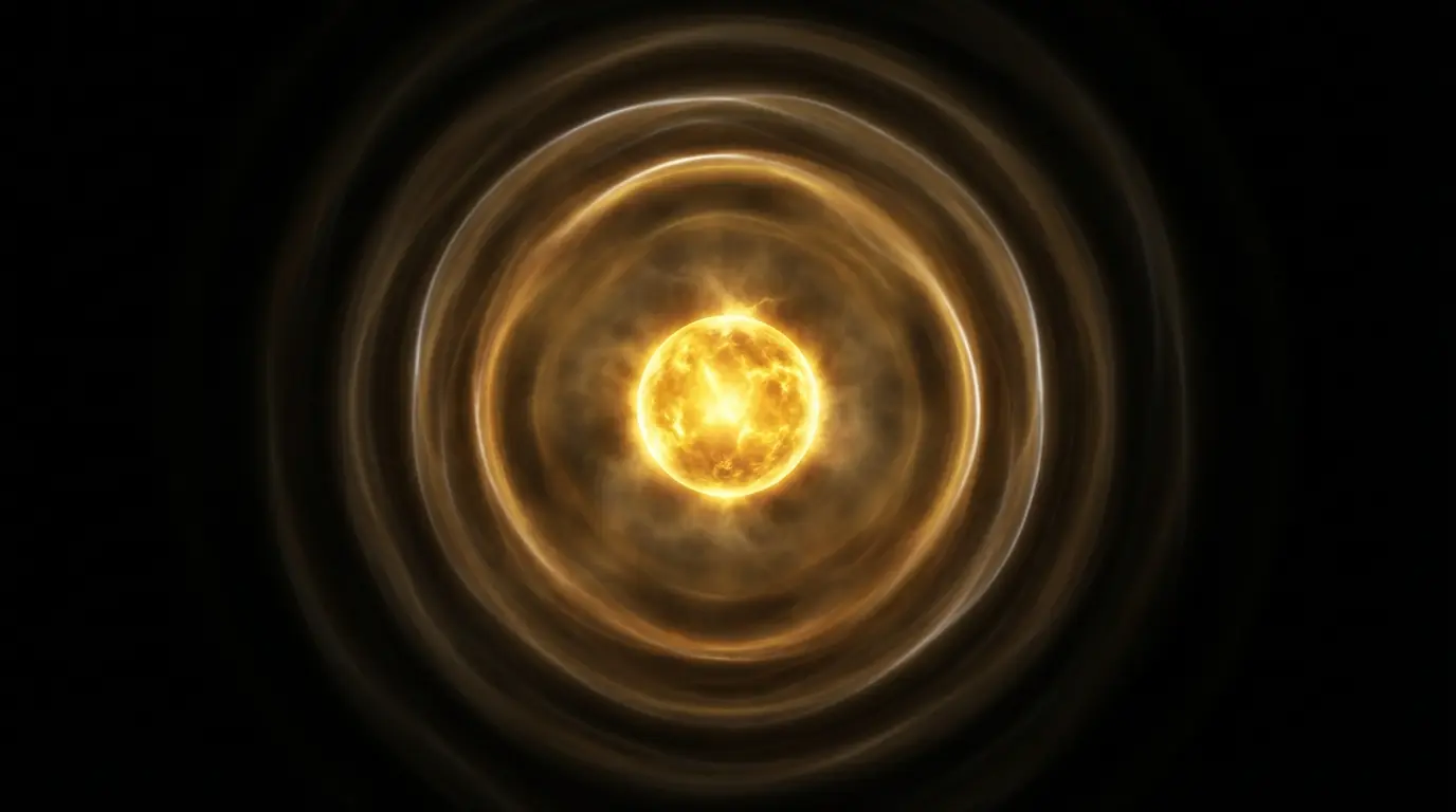 a single golden sphere radiating waves of warm light outward into dark empty space, representing the Law of Attraction's model of emitting frequency to the universe