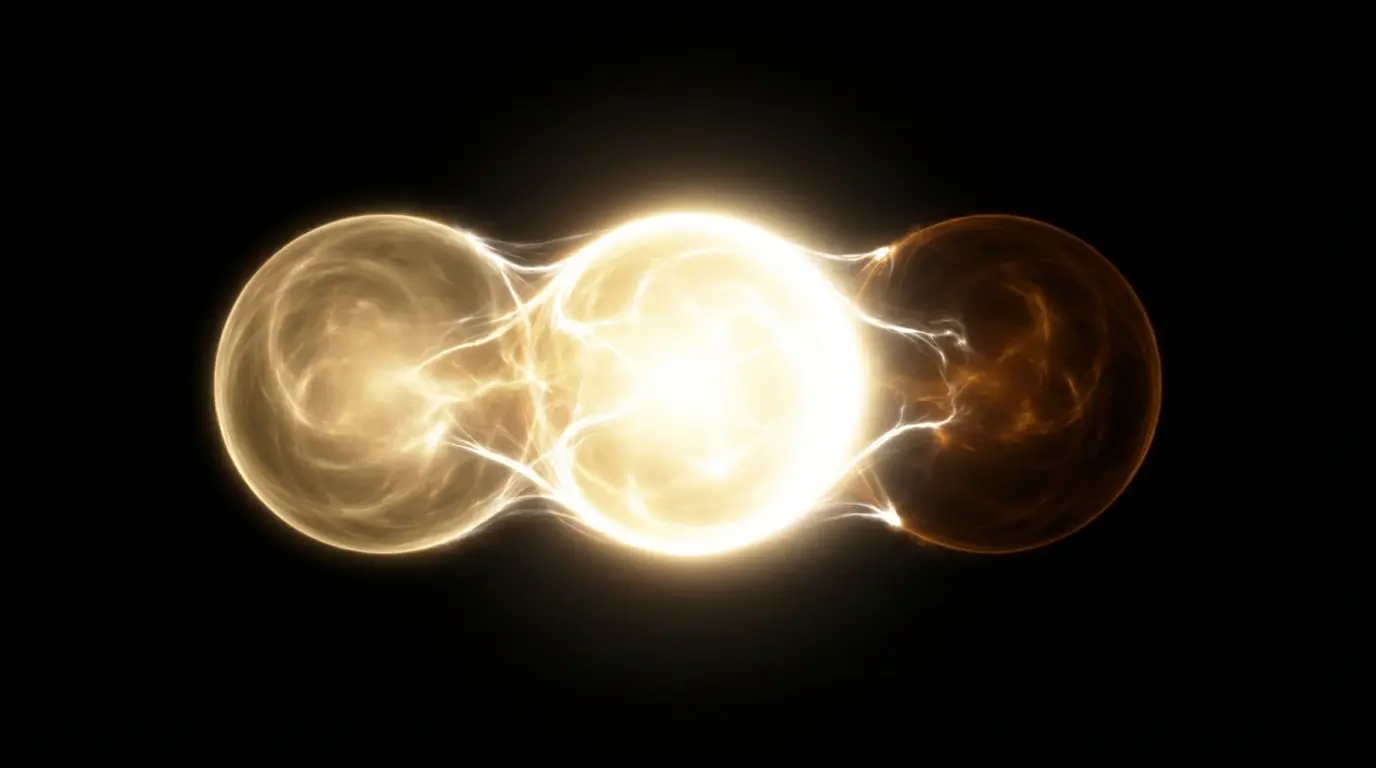 two golden spheres of light merging into a single larger luminous sphere in a dark space, representing the synthesis of the Law of Attraction and Law of Assumption