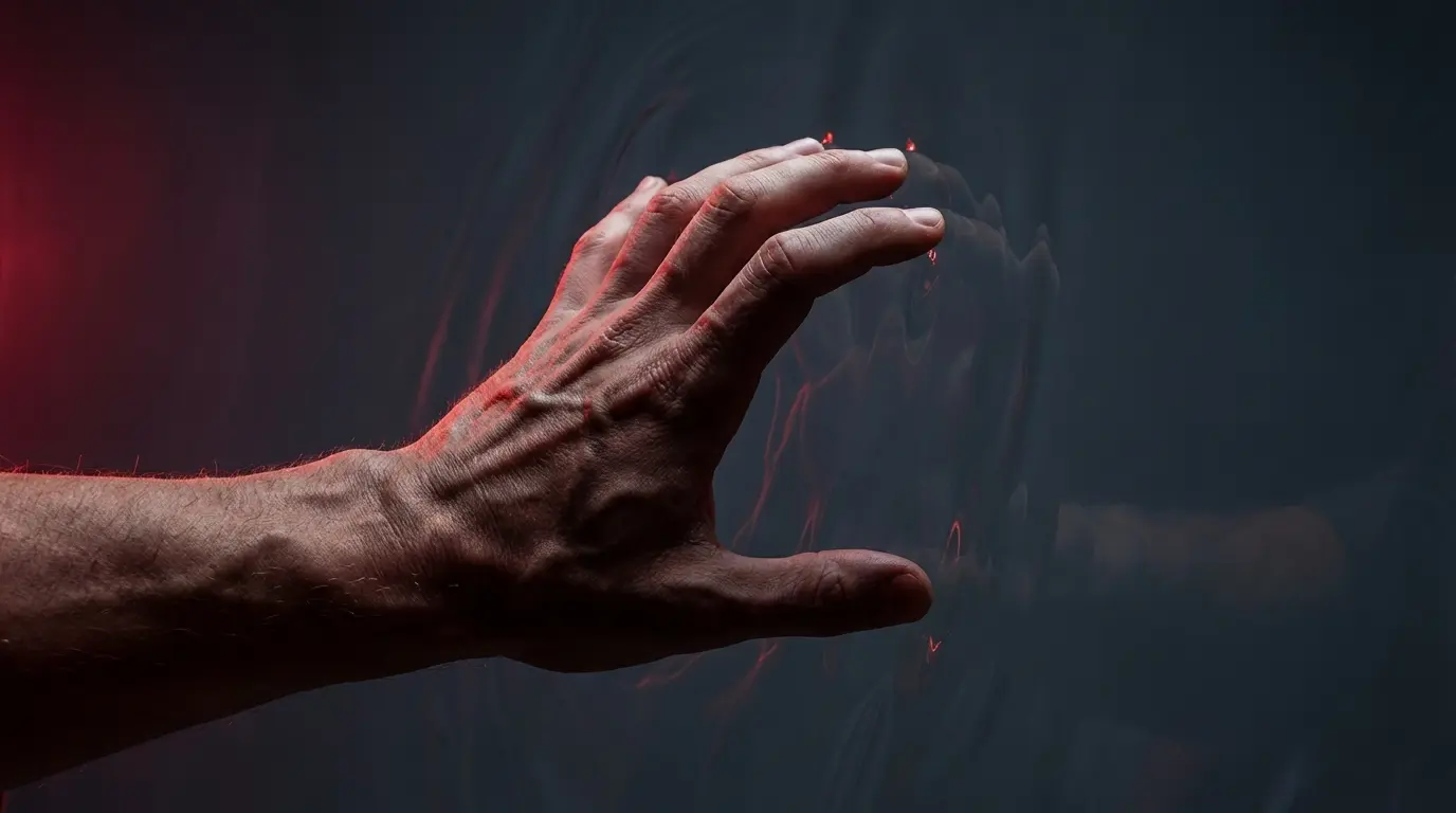 Side view of a tense hand pushing into a dark distorted space with crimson tones, showing the physical resistance behind the law of repulsion