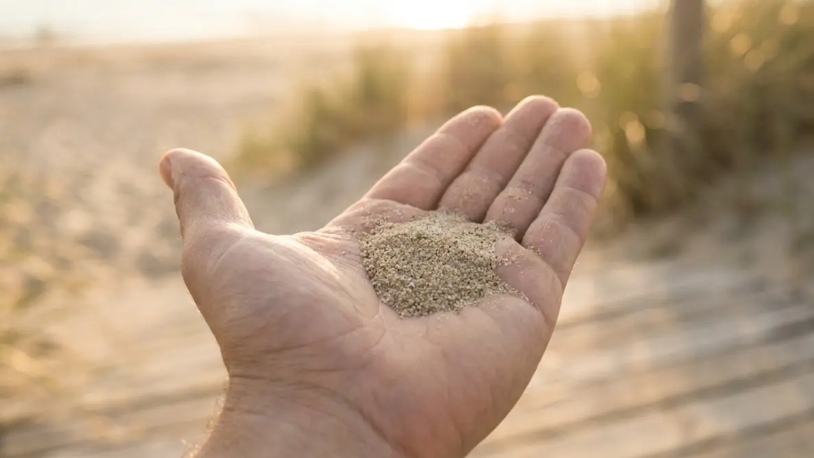 an open relaxed hand with sand resting calmly in the palm, symbolizing loosening the grip