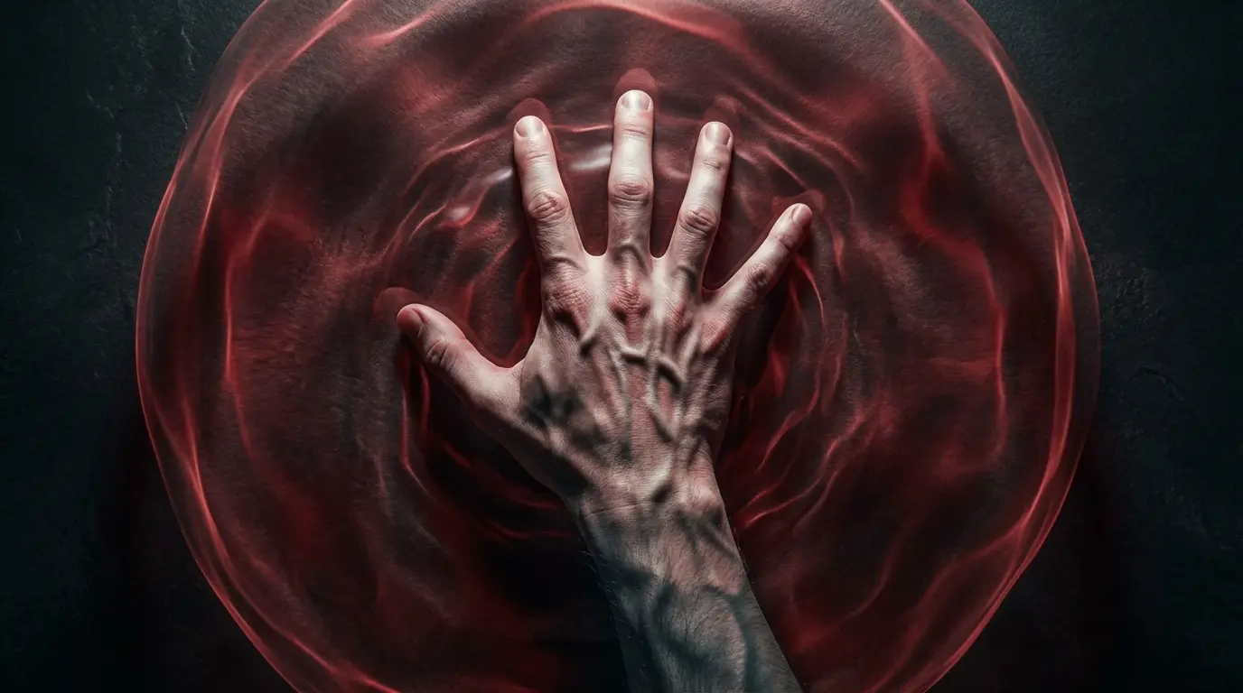 Extreme close-up of a tense human hand pressing an invisible barrier with light distortion, symbolizing somatic block and the law of repulsion