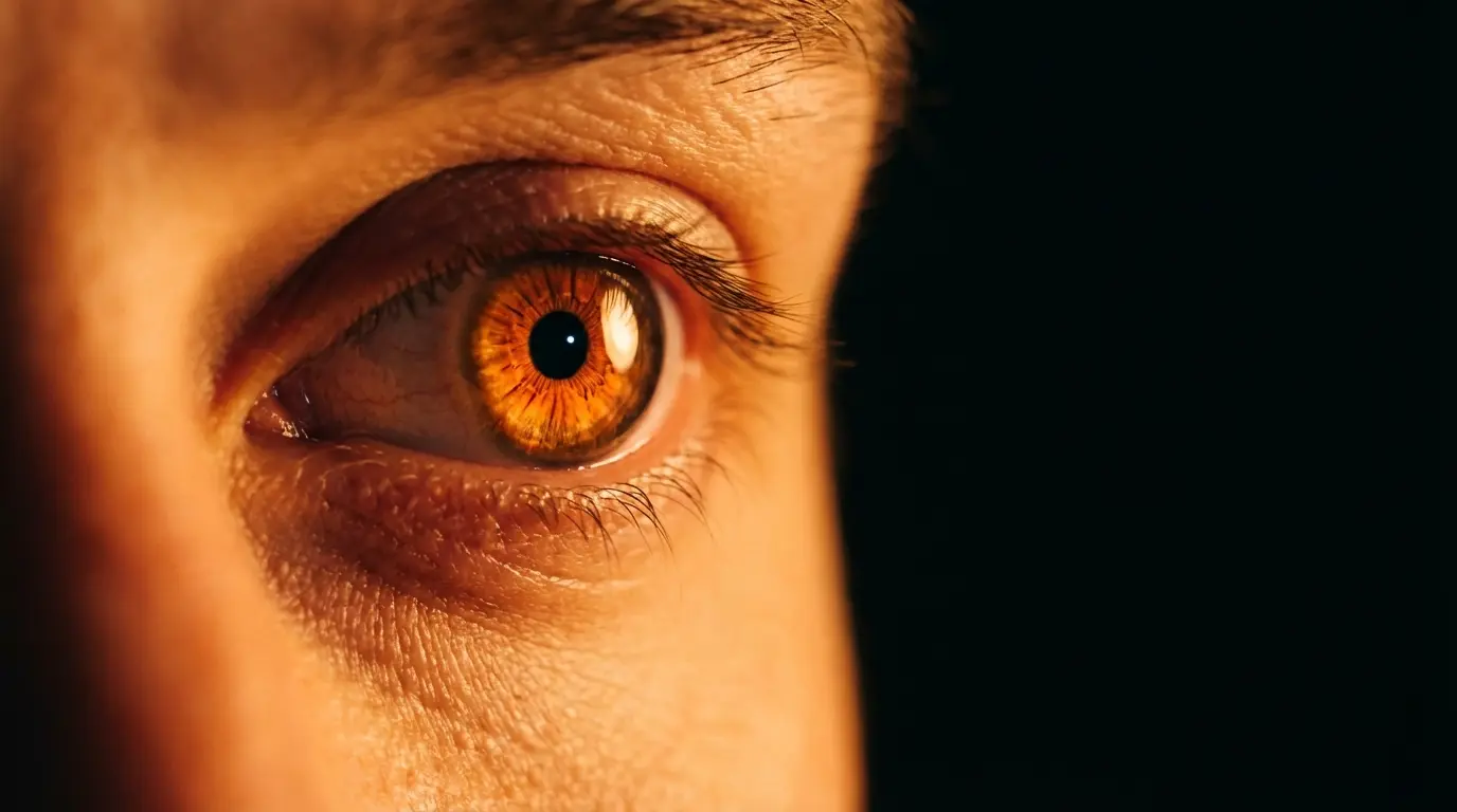 extreme close-up of a left human eye reflecting a faint amber glow with the eyelid slightly contracted, copper light casting dramatic shadows, representing the diagnostic process of understanding left eye twitching