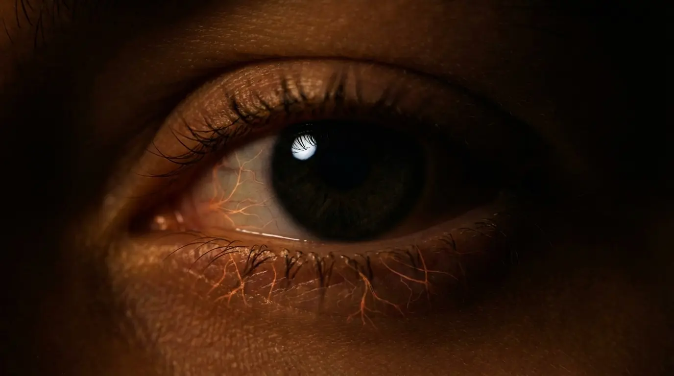close-up of a left human eye with faint copper-colored neural pathway lines visible beneath the skin of the twitching eyelid, representing the nervous system signal behind left eye twitching