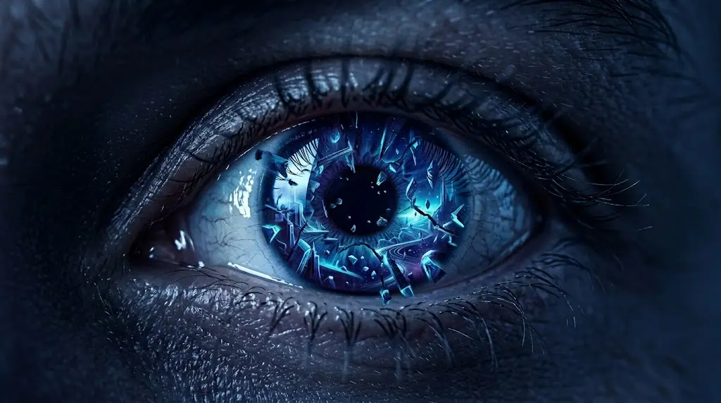 close-up of a human eye with the iris showing a fractured and distorting dreamscape in shades of indigo and cyan, representing the moment of lucid awareness destabilizing a dream
