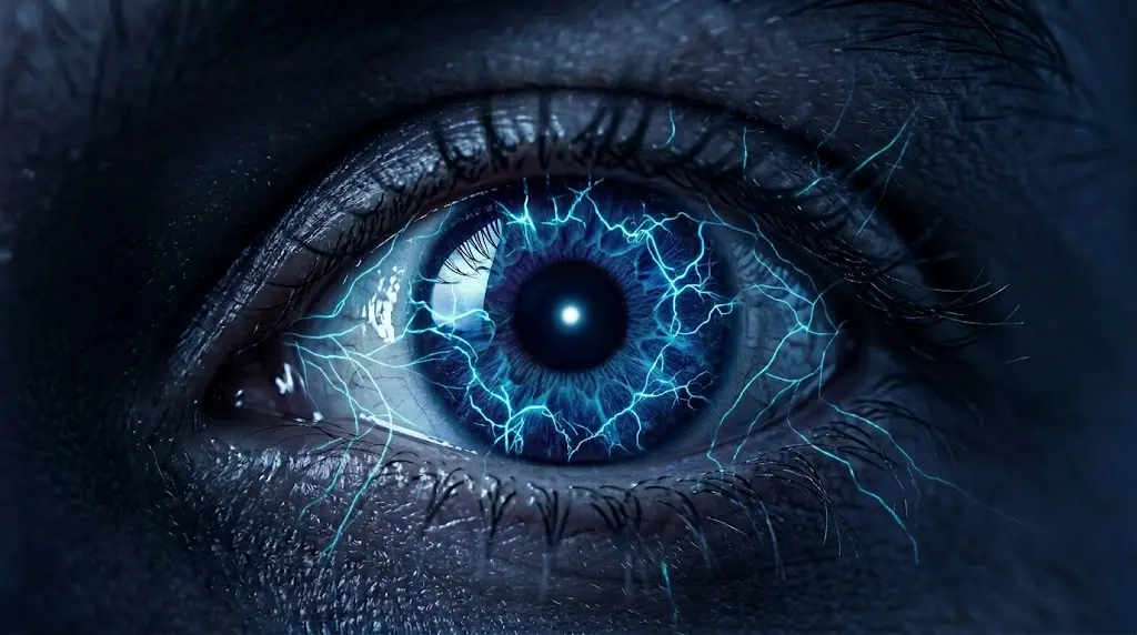 close-up of a human eye with electric cyan neural activity patterns visible across the iris and surrounding skin, representing the brain's gamma wave activation during lucid dreaming