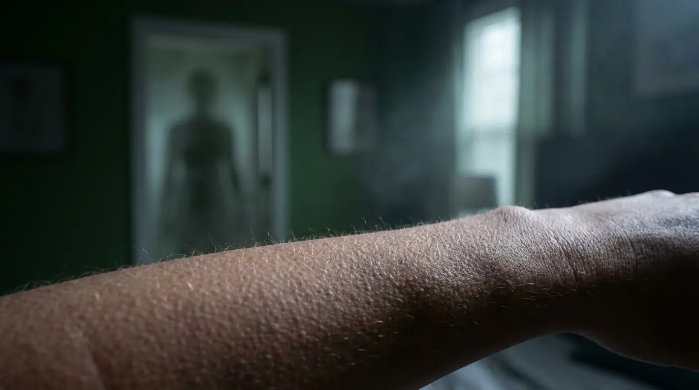 close-up of goosebumps on a person's forearm with a faint translucent green-gray silhouette visible in the blurred background of a dark room, representing the body's physical response to phantom presence