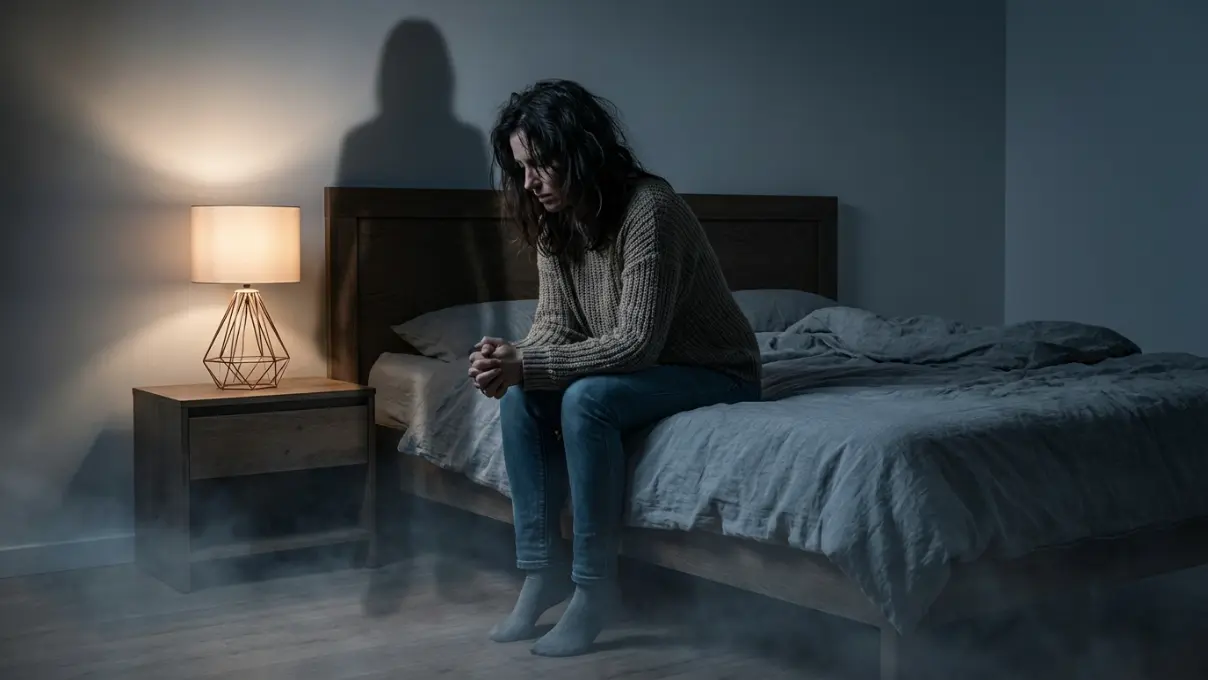 a person sitting alone in a dark room with a translucent green-gray human silhouette standing directly behind them, closer and more defined than before, representing an escalating phantom presence that refuses to be ignored