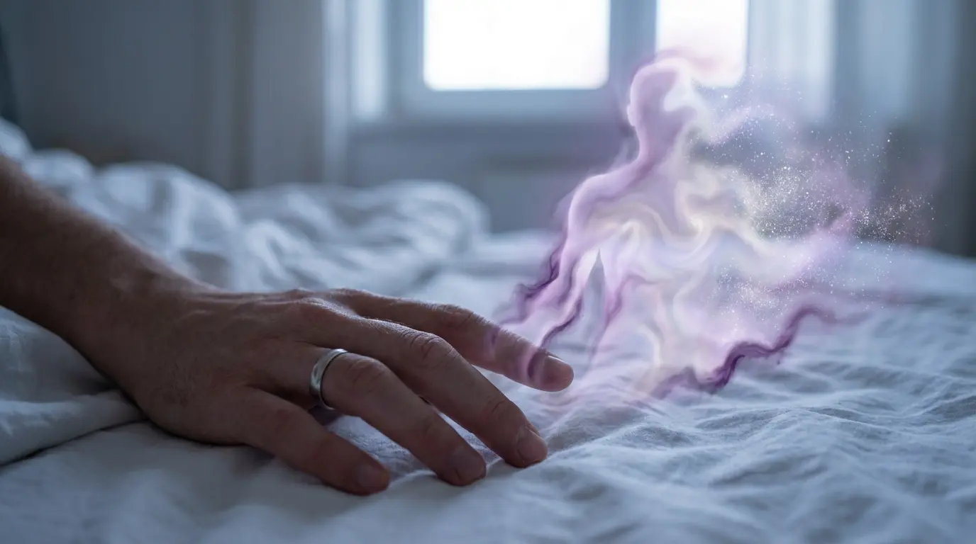 a sleeping person's hand reaching toward a fading translucent silhouette in lavender mist, representing the attempt to understand why a specific person keeps appearing in dreams