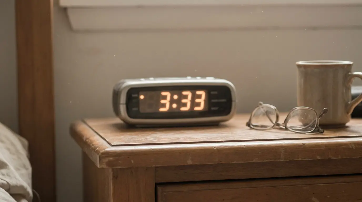 blurred digital clock displaying 3:33 on a nightstand in faded amber tones, illustrating repeated synchronicity signs with no external change