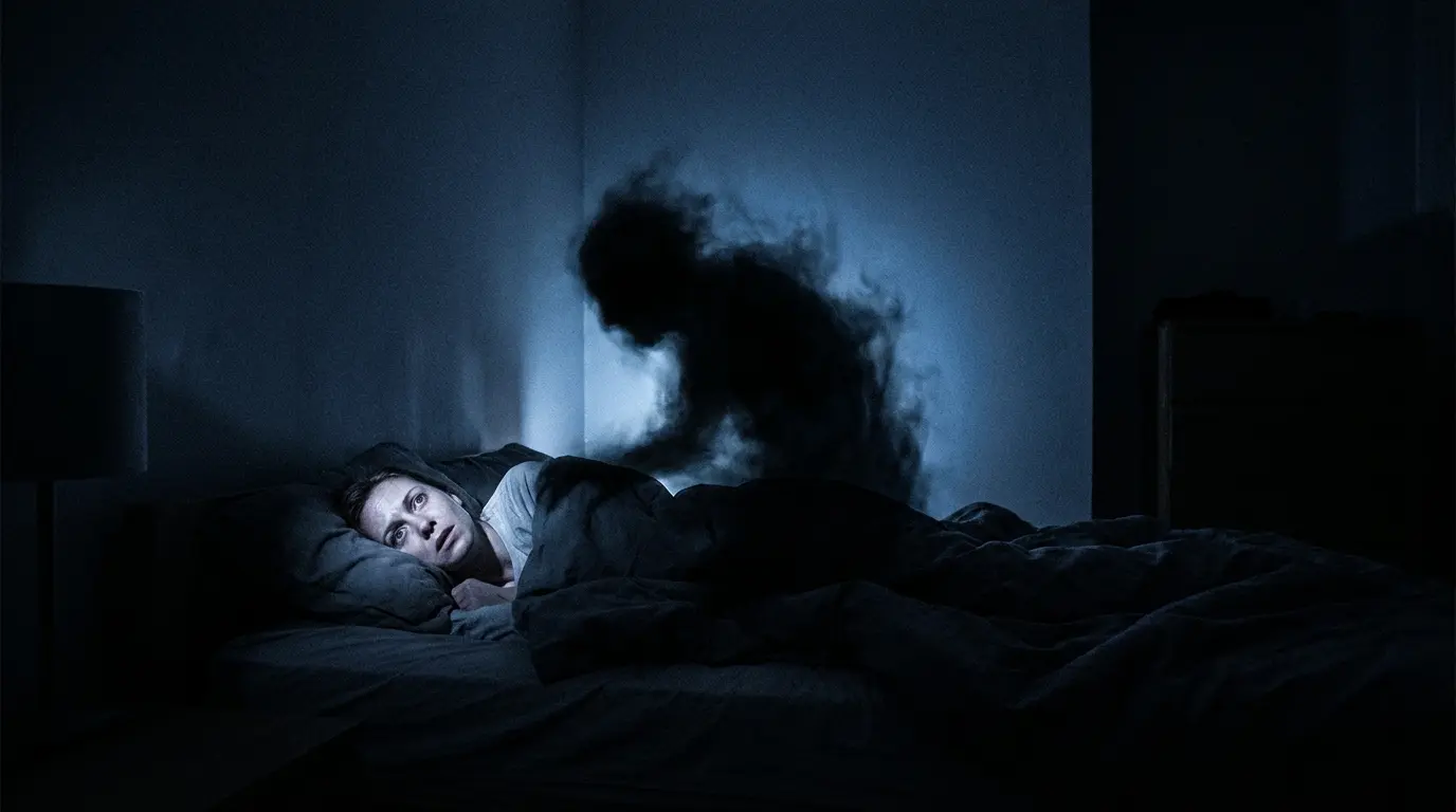 person lying paralyzed in bed with a dark shadowy entity pressing down on their chest during sleep paralysis
