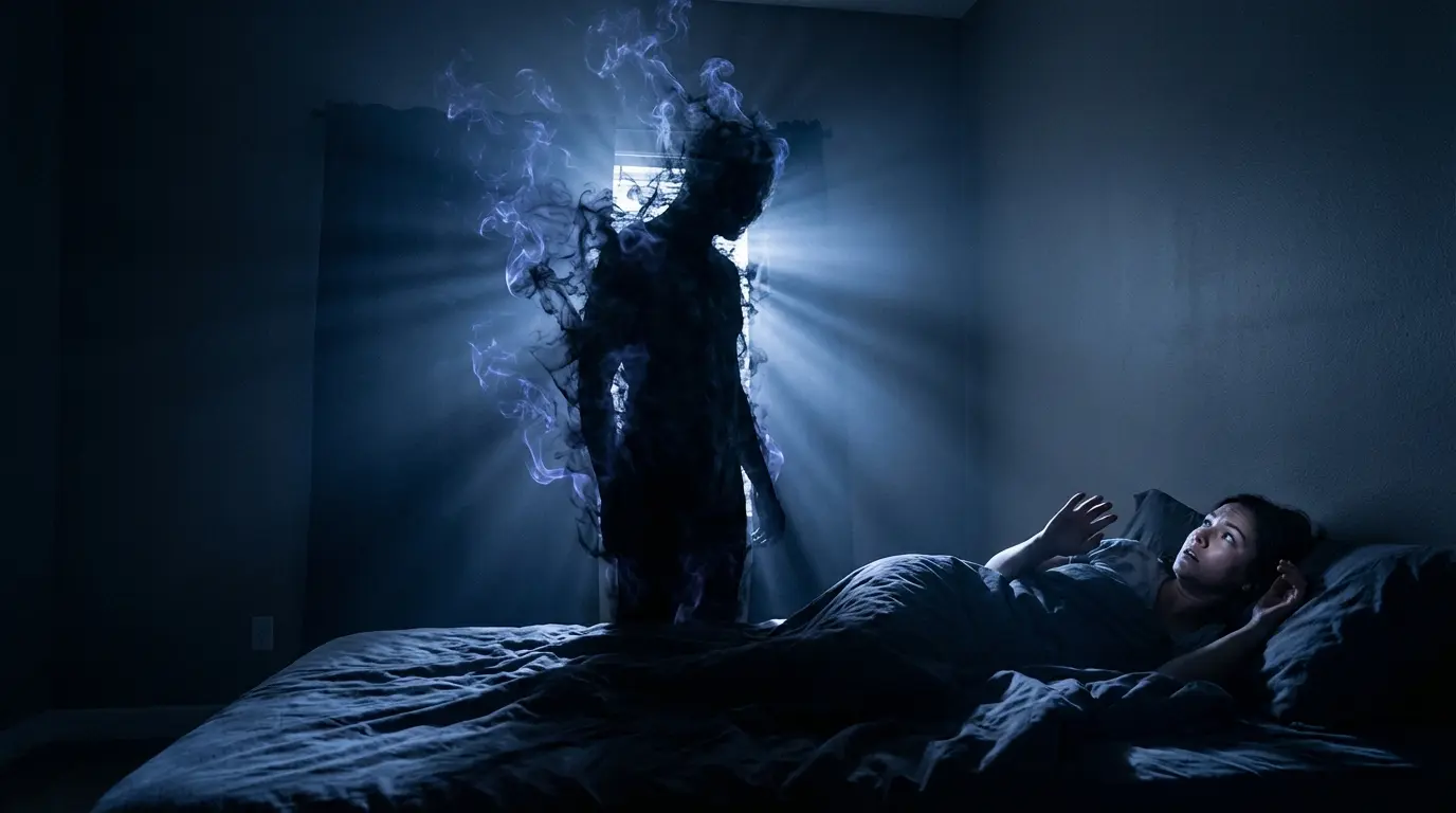 shadowy sleep paralysis demon figure dissolving and fragmenting above a person in bed, representing the entity losing form as emotional content is processed