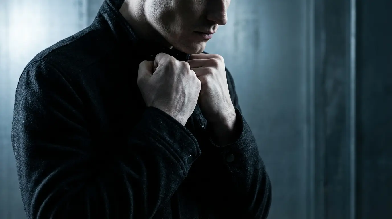 Human figure standing with chin tucked and fists clenched against the chest in a cold dark environment, illustrating the somatic firewall protocol