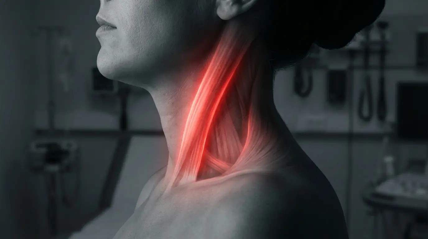 Side view of a human neck and shoulder under dramatic lighting, revealing a deep crimson line of muscular tension beneath the skin.