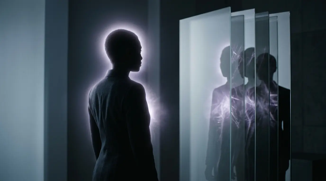 human silhouette with silver-violet glow around the head and chest facing layered reflections, symbolizing spiritual awakening signs and honest self-observation