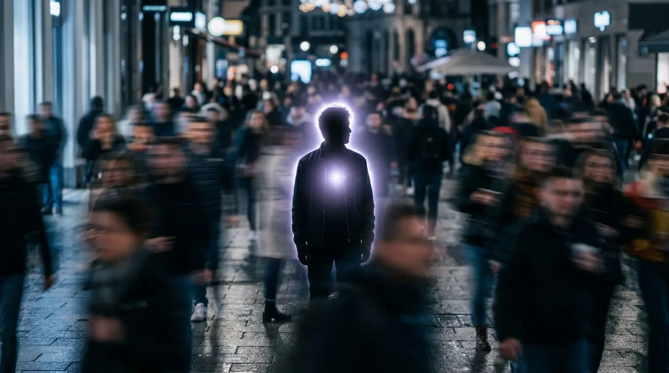 human silhouette with silver-violet glow around the head and chest standing in a crowded blurred space, showing spiritual awakening signs and heightened sensitivity