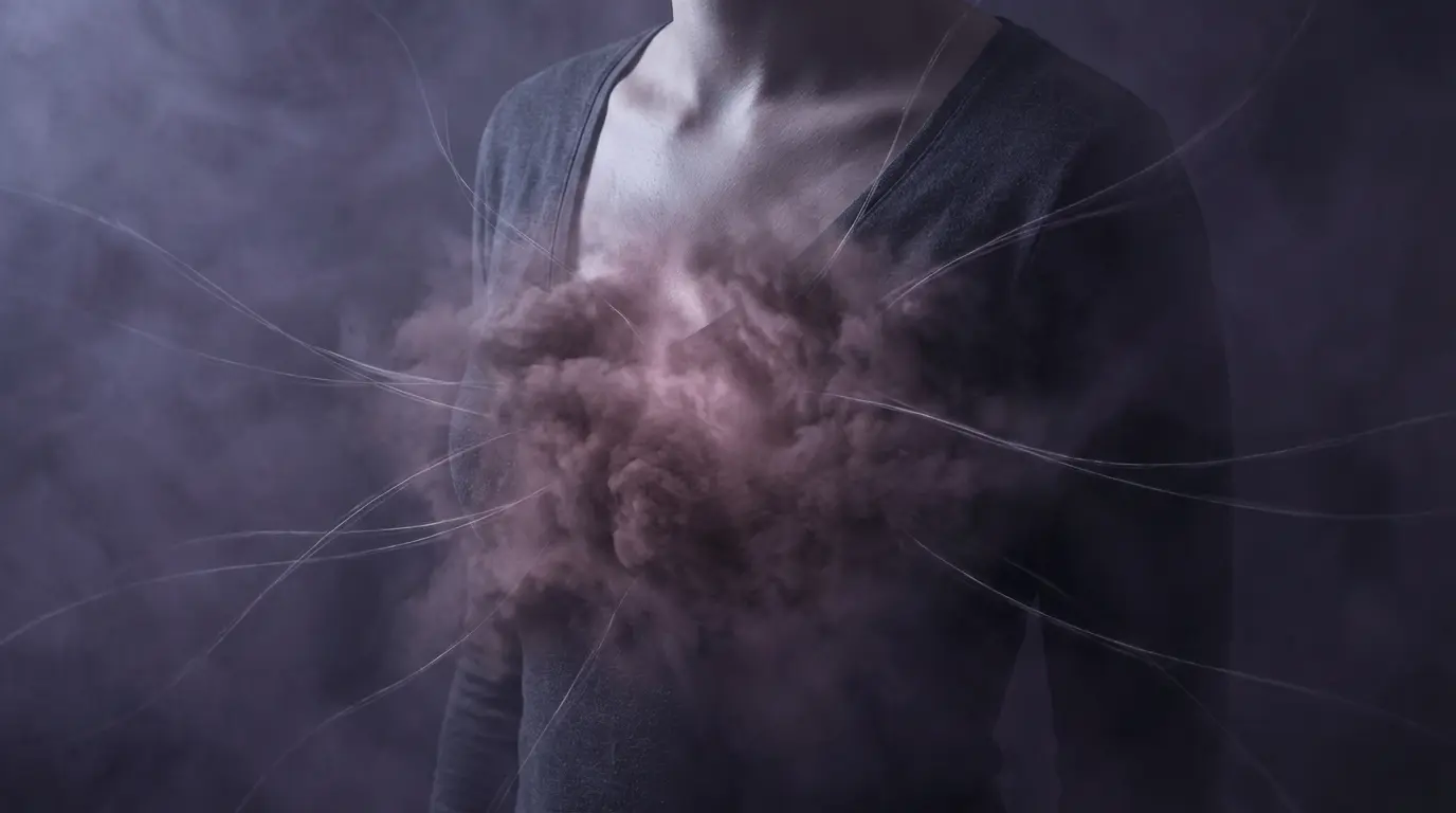 human torso with a visible dense mauve energy field pressing against the chest from the outside, multiple faint translucent threads connecting to the surrounding dark violet space, representing empathic emotional absorption through the nervous system