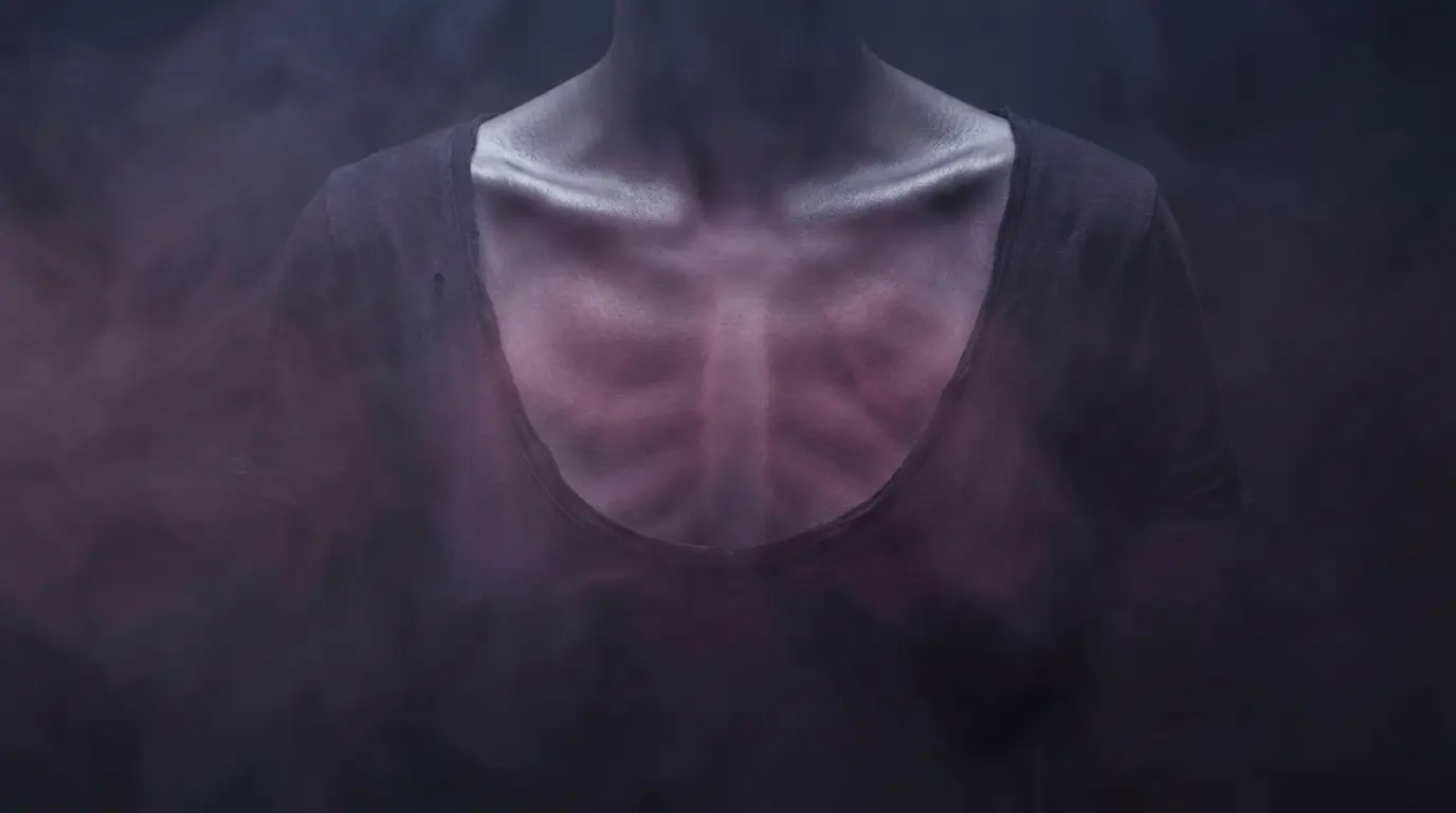 human chest seen from the front with a deep mauve glow emanating from within the ribcage outward, no external threads or connections visible, representing internally generated sadness originating from within the body itself