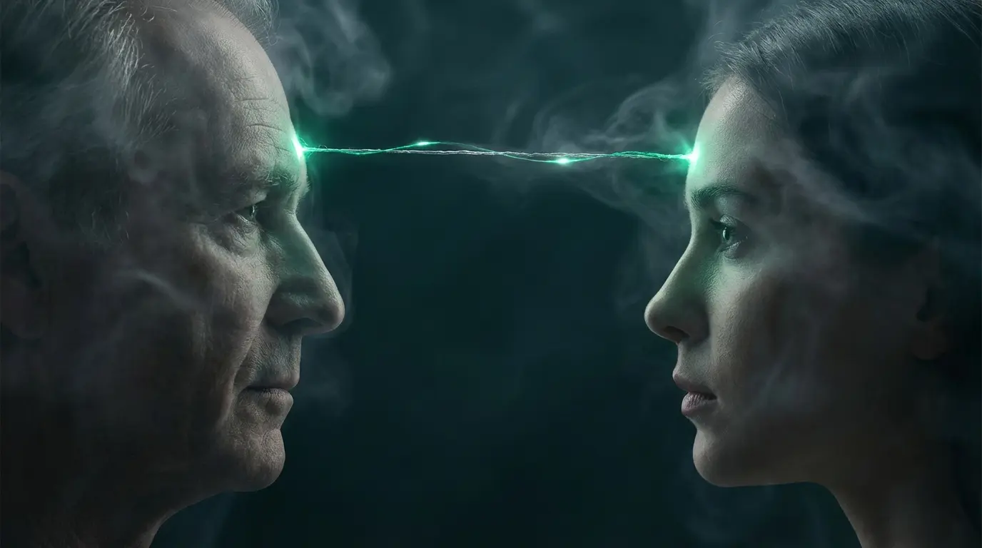 close-up of two faces in profile facing each other in dark teal space with a thin luminous green-silver thread of light stretching between their foreheads, representing the subtle signal stage of thought transmission
