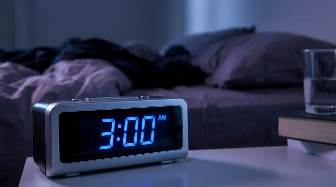 digital clock showing 3:00 AM beside a tense dark bedroom scene illustrating waking up at 3am spiritual meaning and emotional alertness