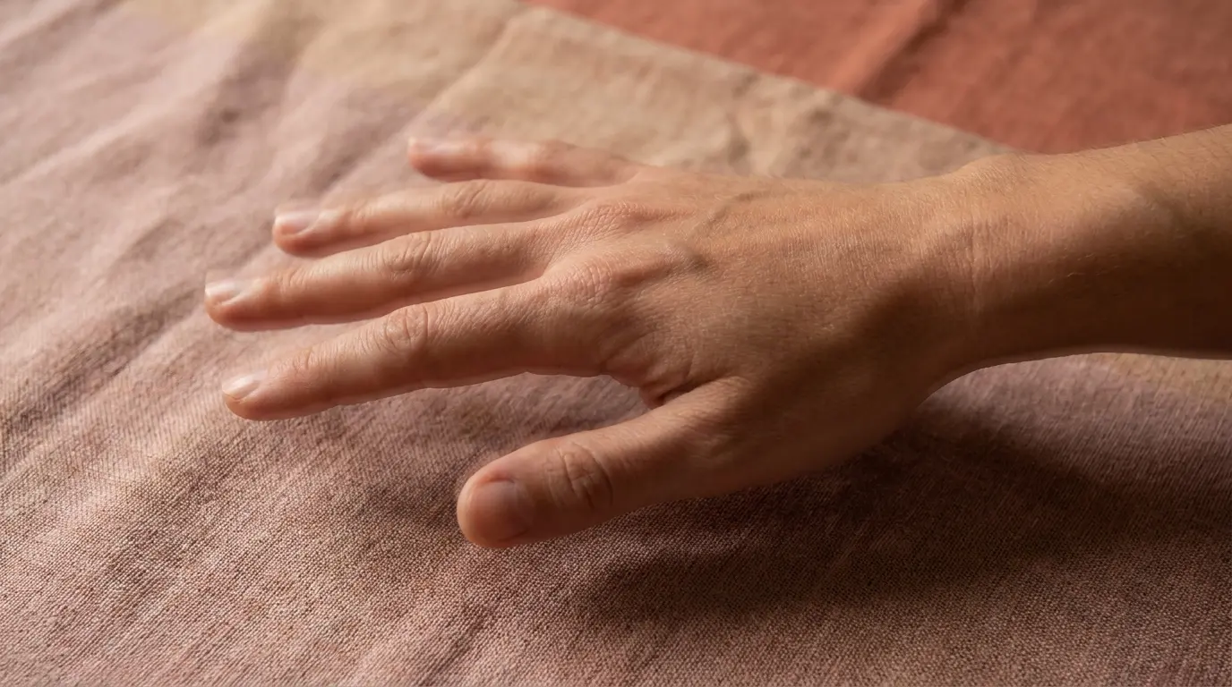human hands in soft trembling motion against a muted dusty rose background representing the spiritual meaning of body shaking
