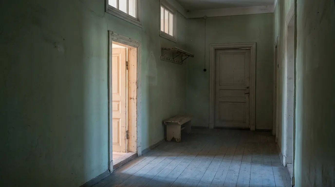 Childhood home hallway with a hidden room appearing in a repeated dream